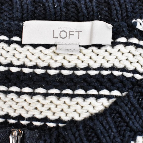 LOFT Sweater L Blue White Stripe Crew Neck Zip Front CottonLong Sleeve - Picture 6 of 7